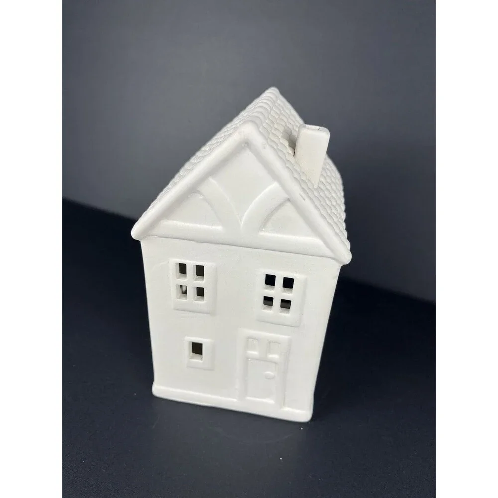 Crate & Barrel White Ceramic Two Story Village House Luminary‎ Curved Roof